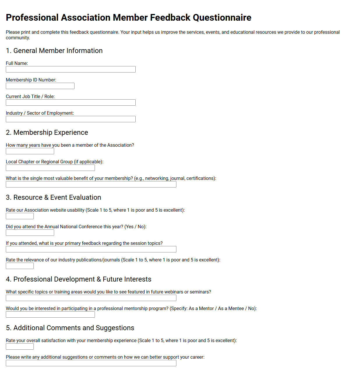 Professional Association Member Feedback Questionnaire