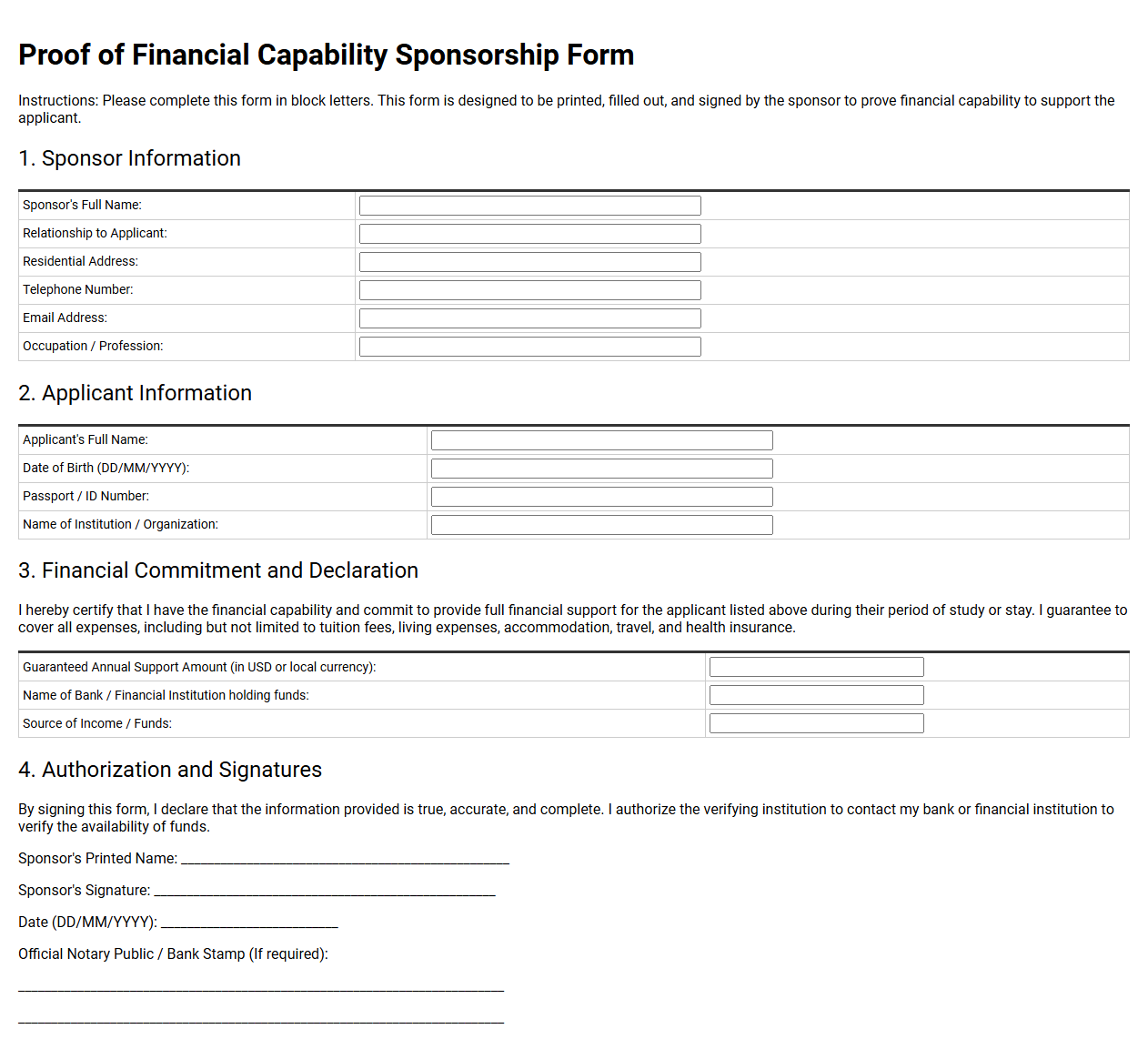 Proof of Financial Capability Sponsorship Form