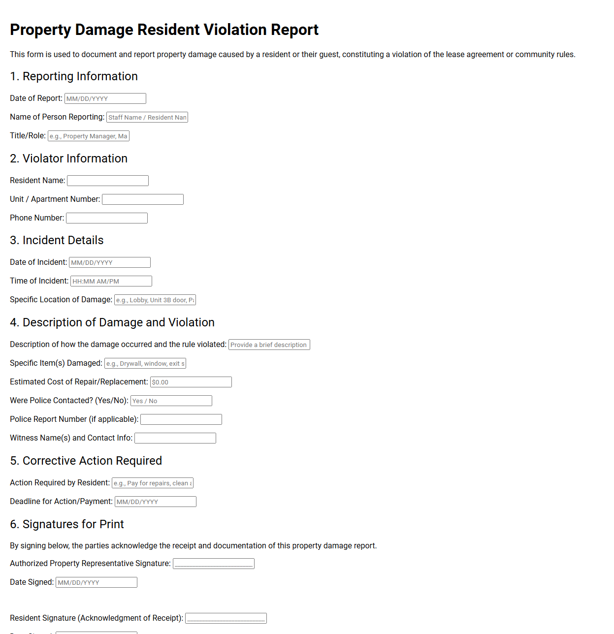 Property Damage Resident Violation Report Template