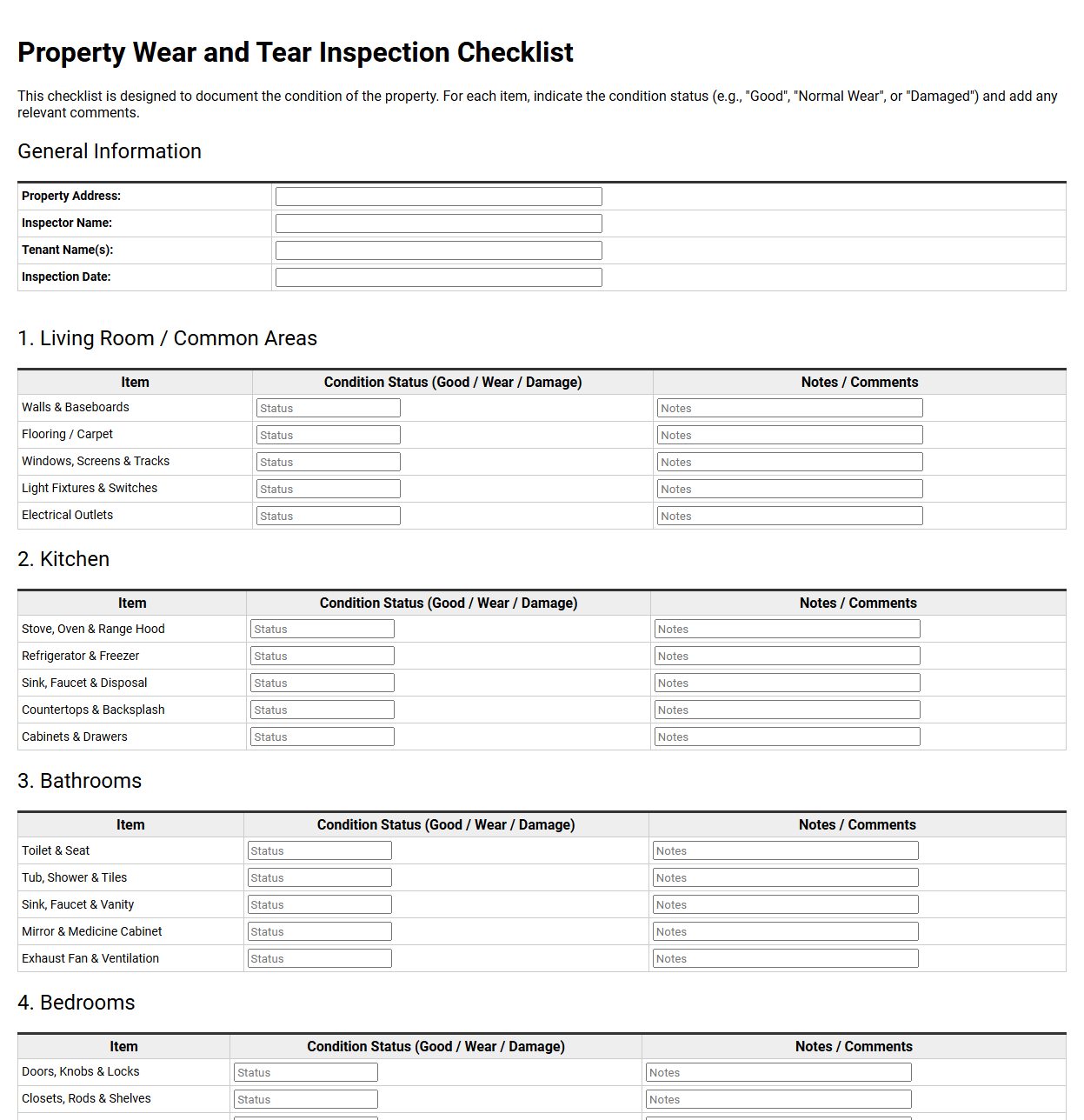 Property Wear and Tear Inspection Checklist