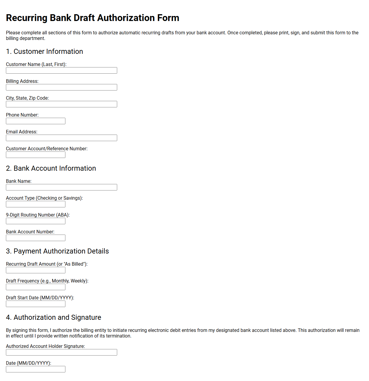 Recurring Bank Draft Authorization Form
