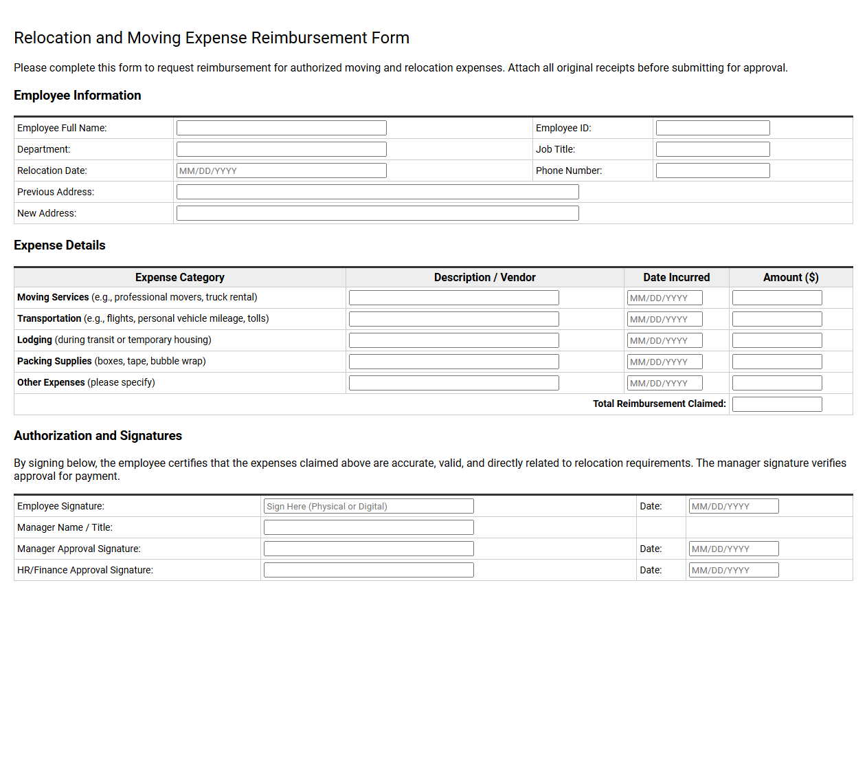 Relocation and Moving Expense Reimbursement Form