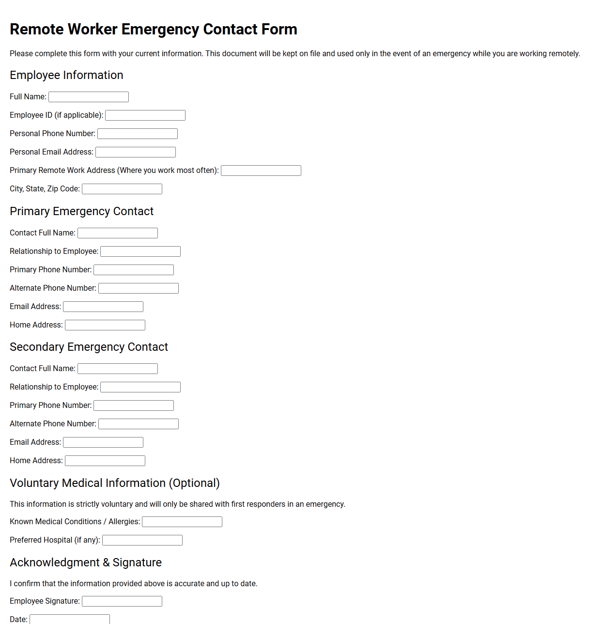Remote Worker Emergency Contact Form Template