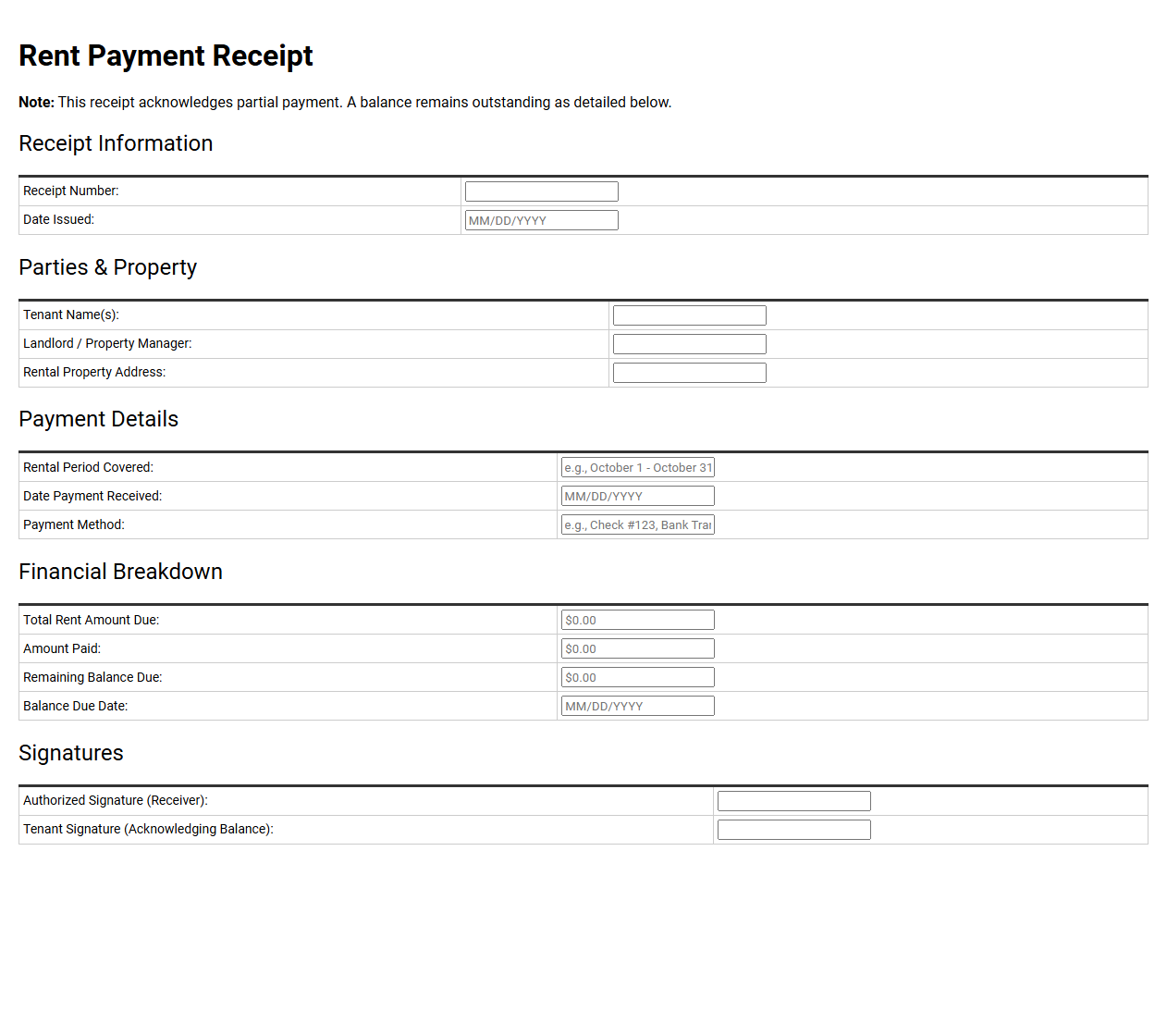 Rent Payment Receipt with Balance Due