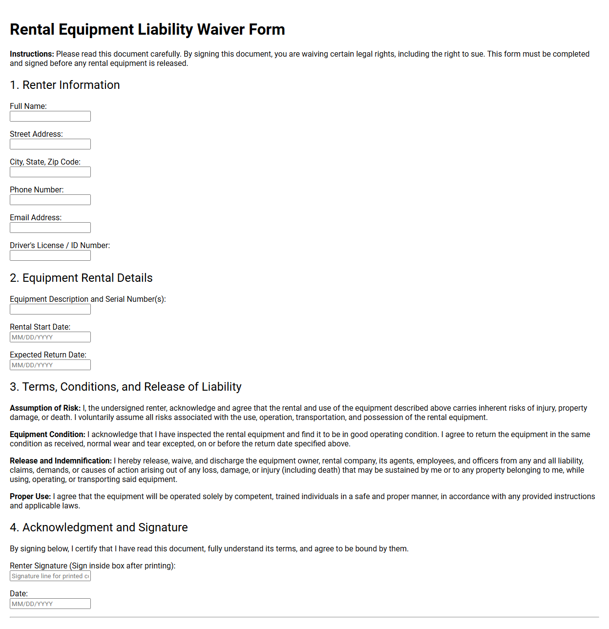 Rental Equipment Liability Waiver Form