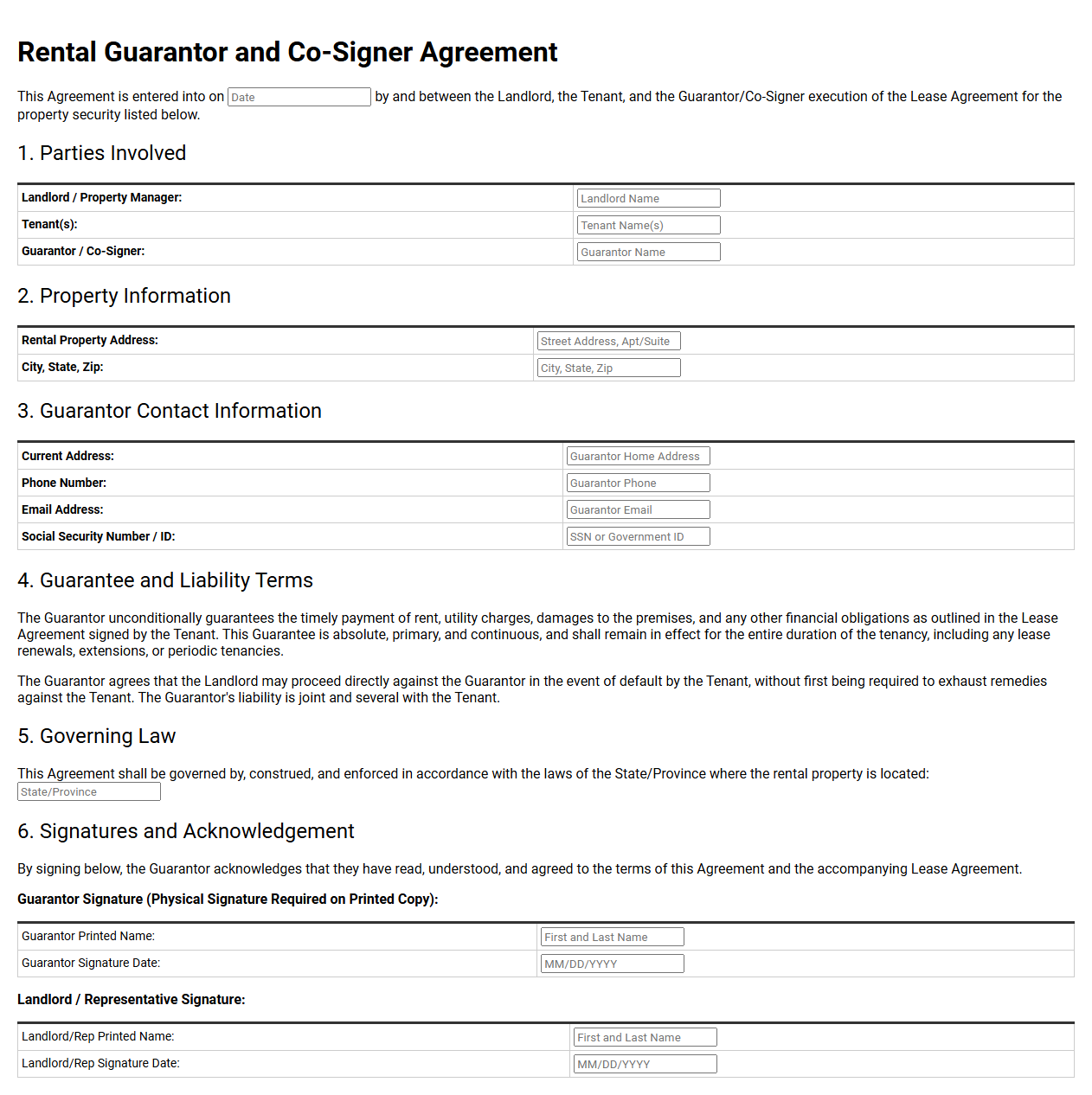 Rental Guarantor and Co-Signer Agreement