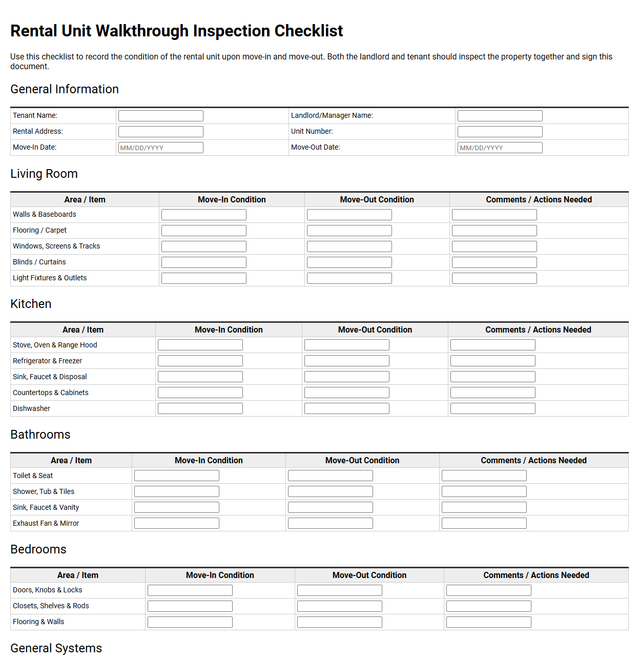 Rental Unit Walkthrough Inspection Checklist