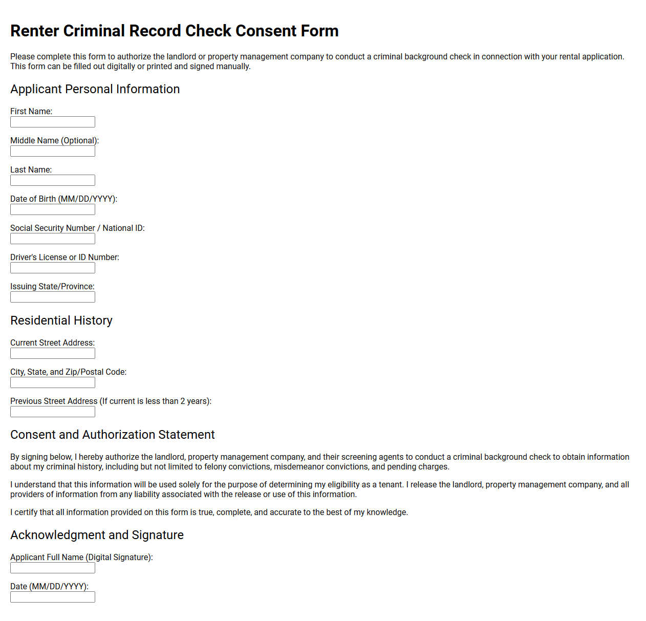 Renter Criminal Record Check Consent Form