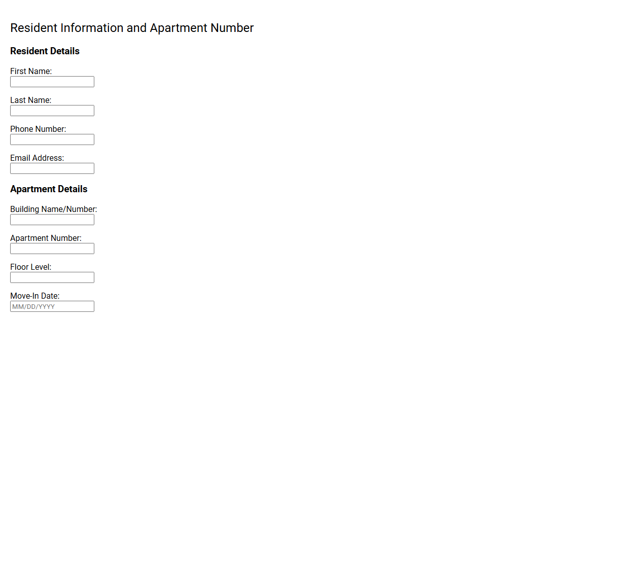 Resident Information and Apartment Number Section
