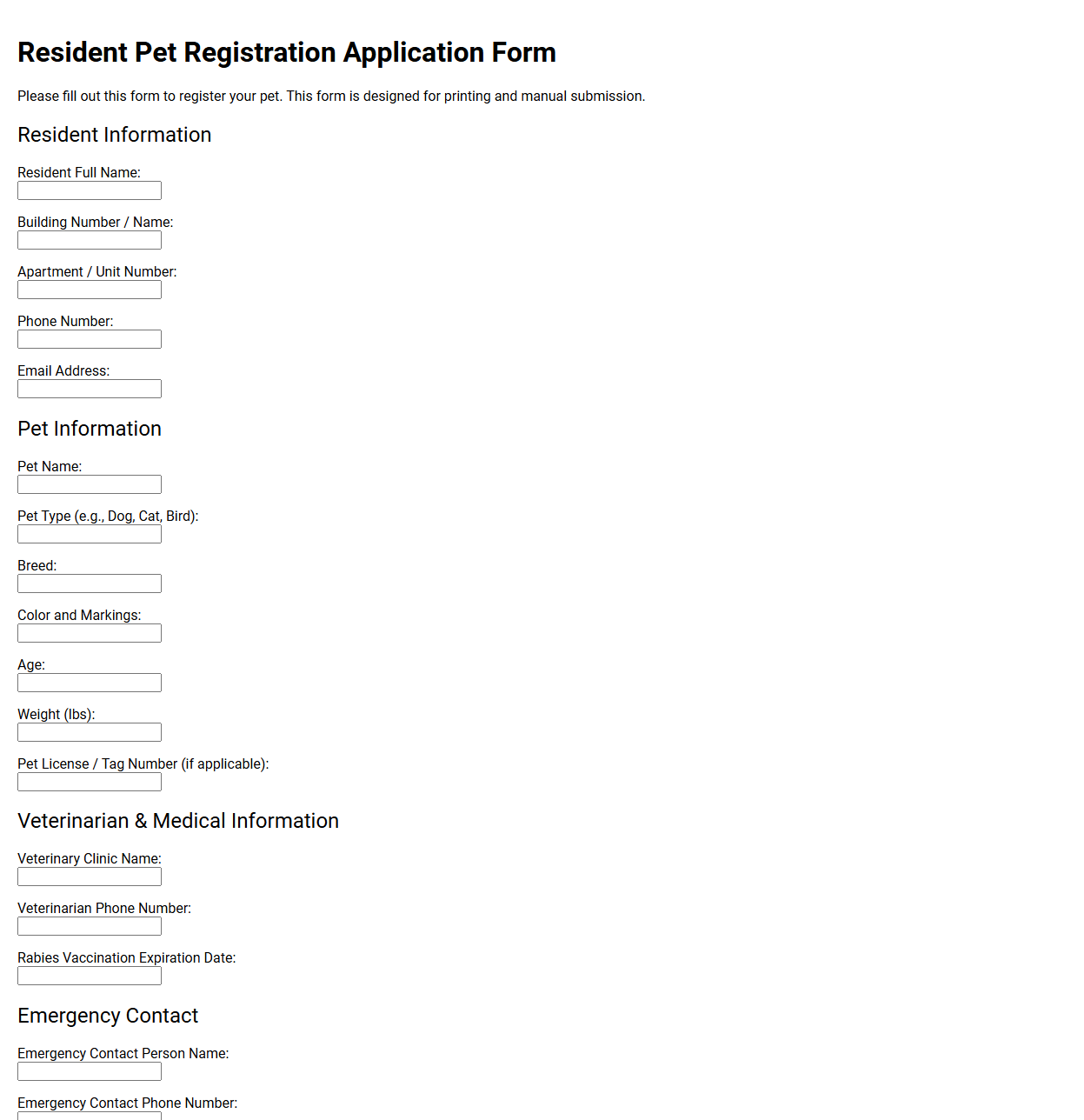 Resident Pet Registration Application Form
