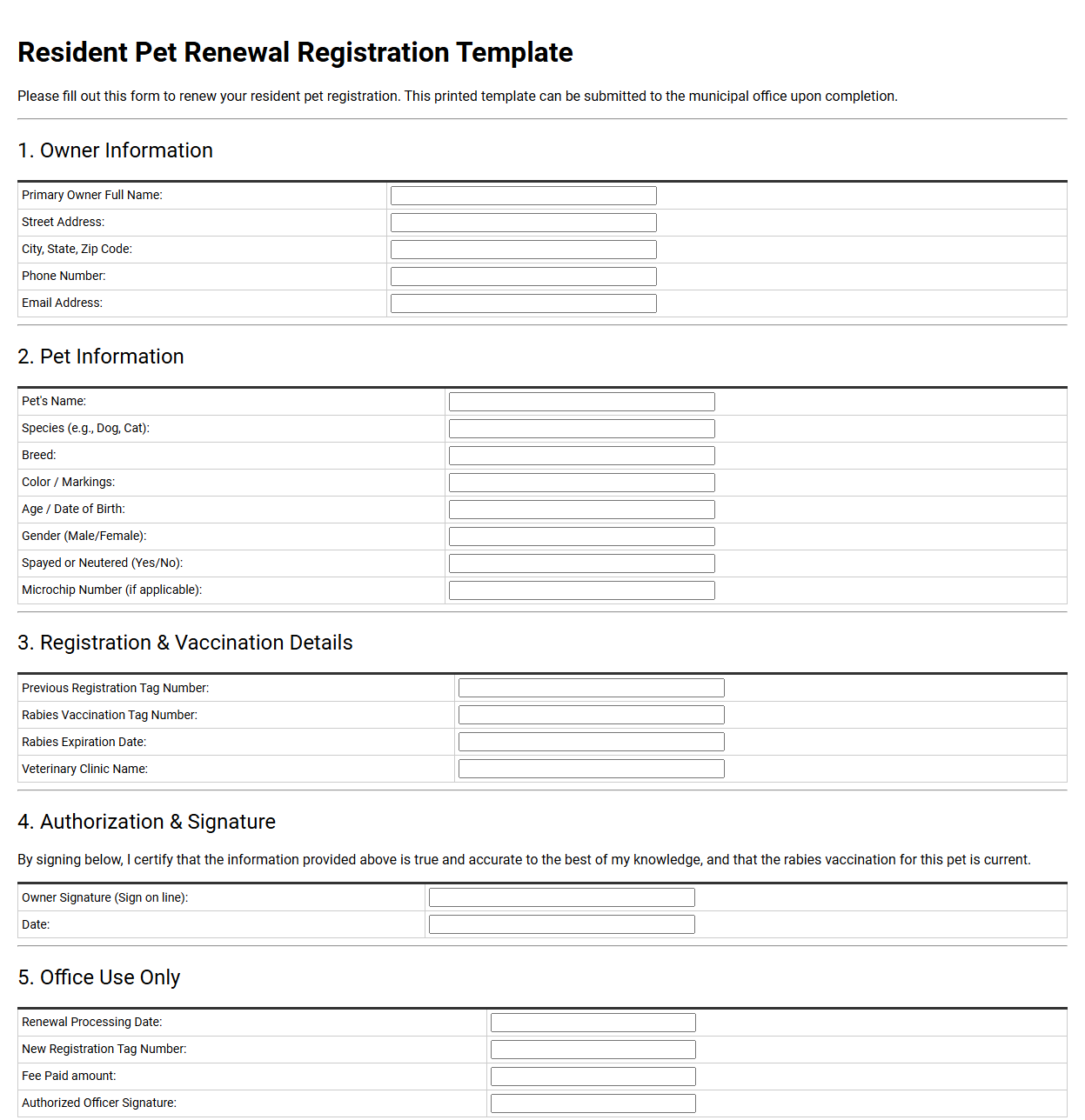 Resident Pet Renewal Registration Template