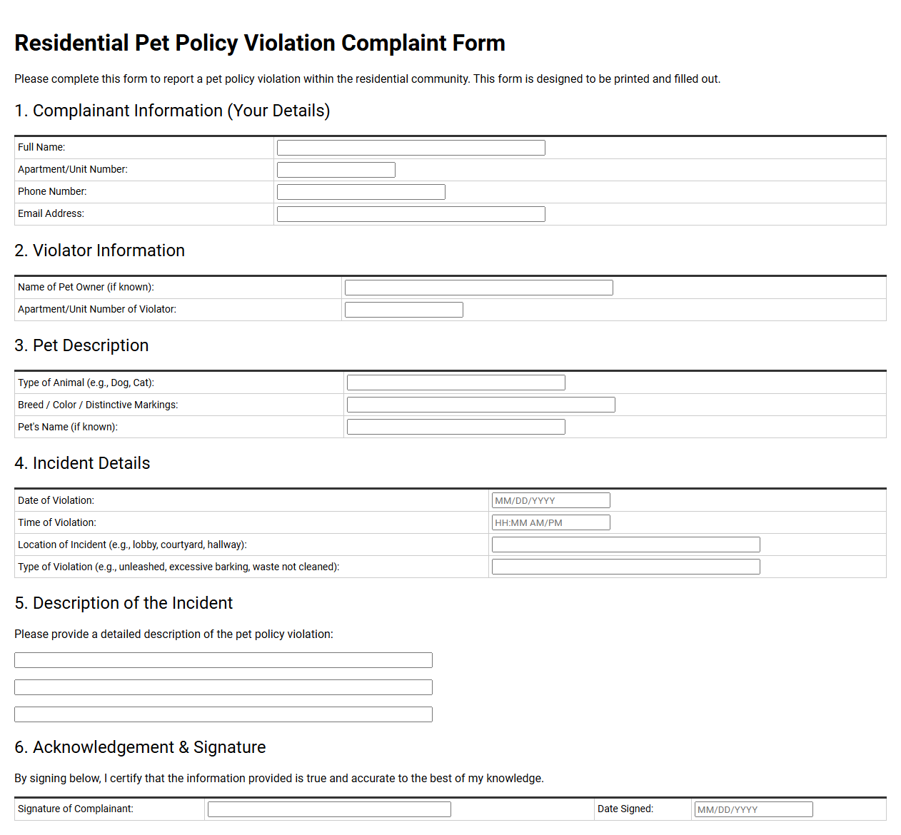 Residential Pet Policy Violation Complaint Form