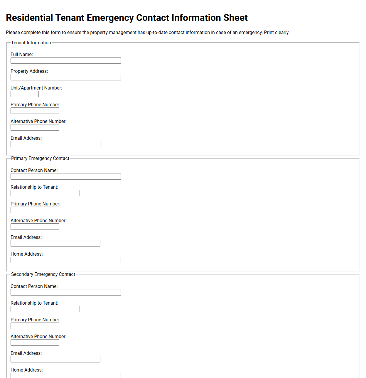 Residential Tenant Emergency Contact Information Sheet