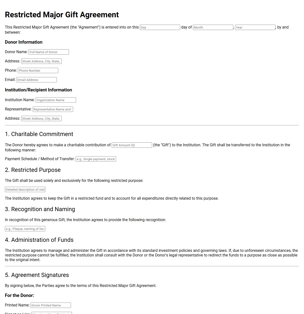 Restricted Major Gift Agreement Template