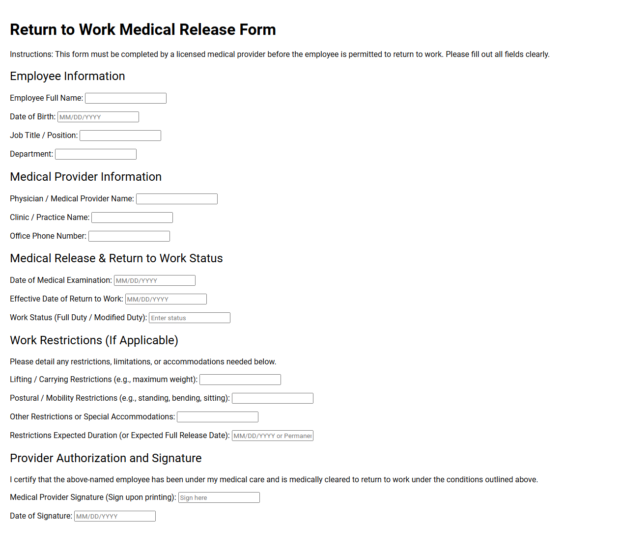 Return to Work Medical Release Form