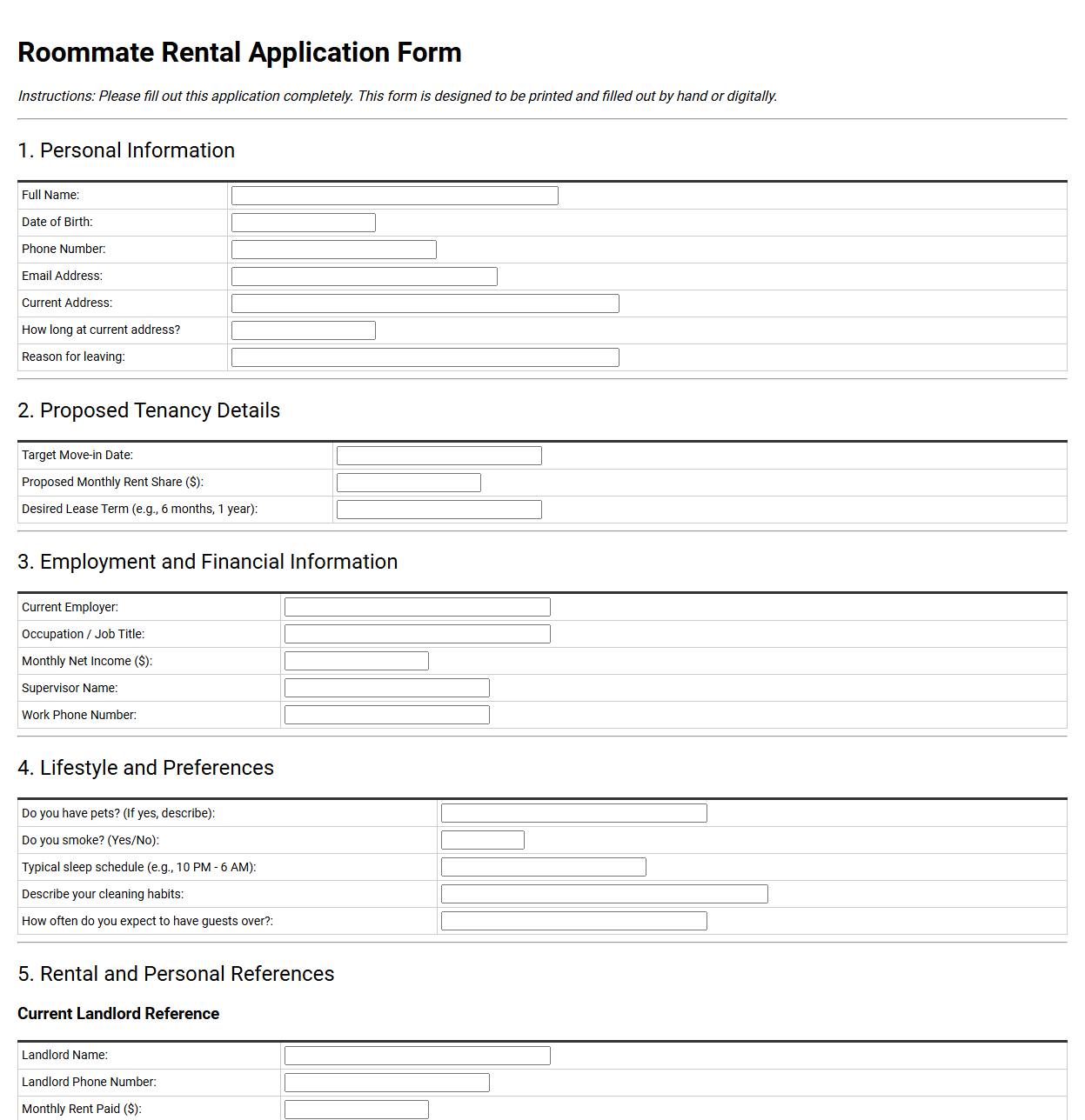Roommate Rental Application Form