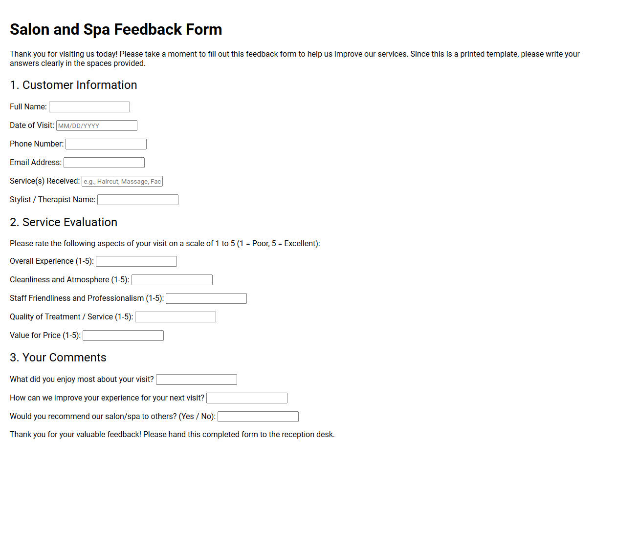 Salon and Spa Feedback Form Template