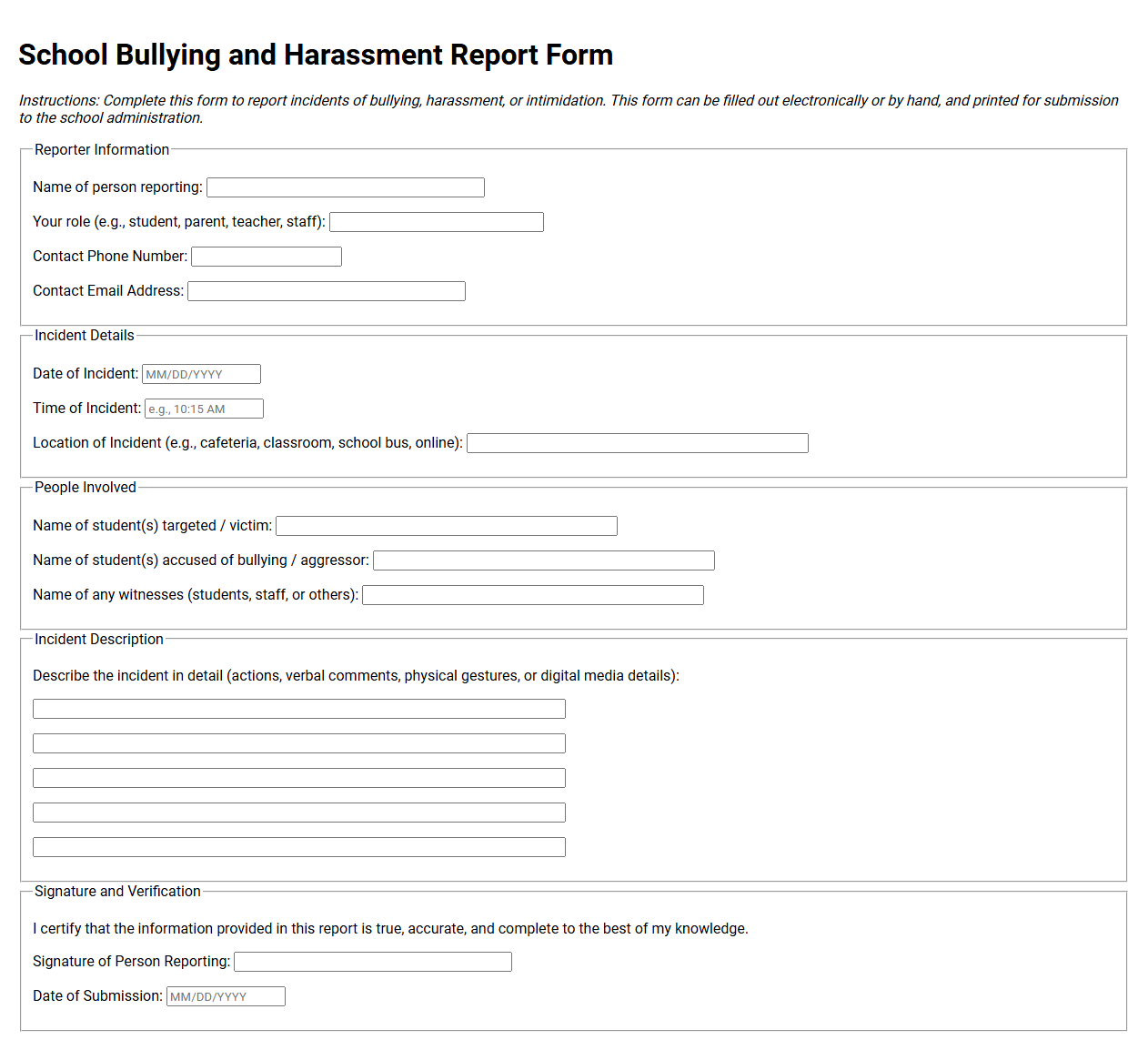 School Bullying and Harassment Report Form