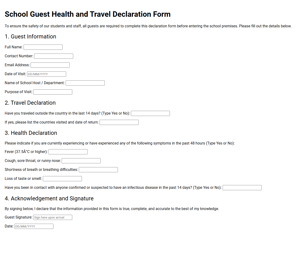 School Guest Health and Travel Declaration Form