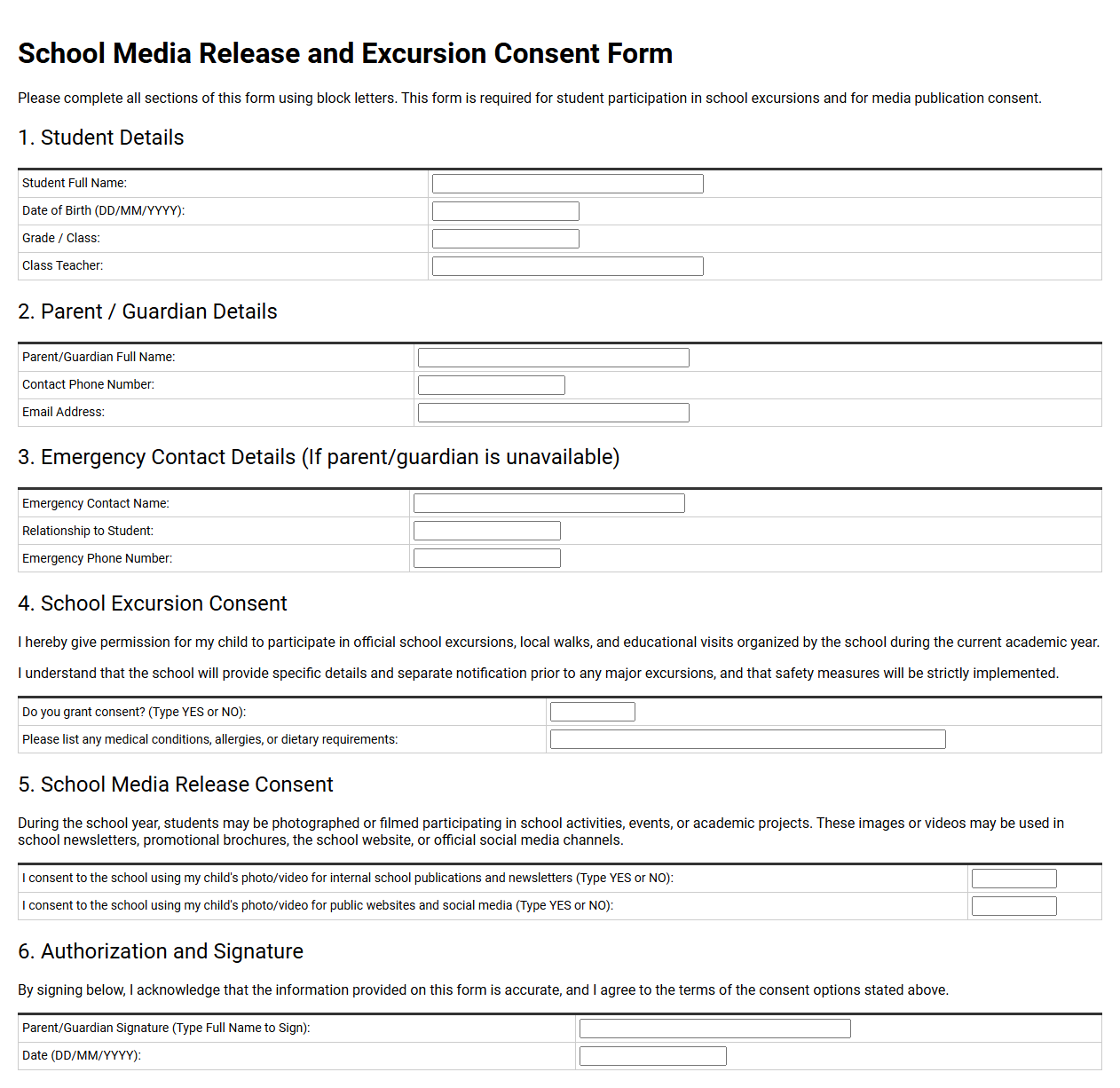School Media Release and Excursion Consent Form