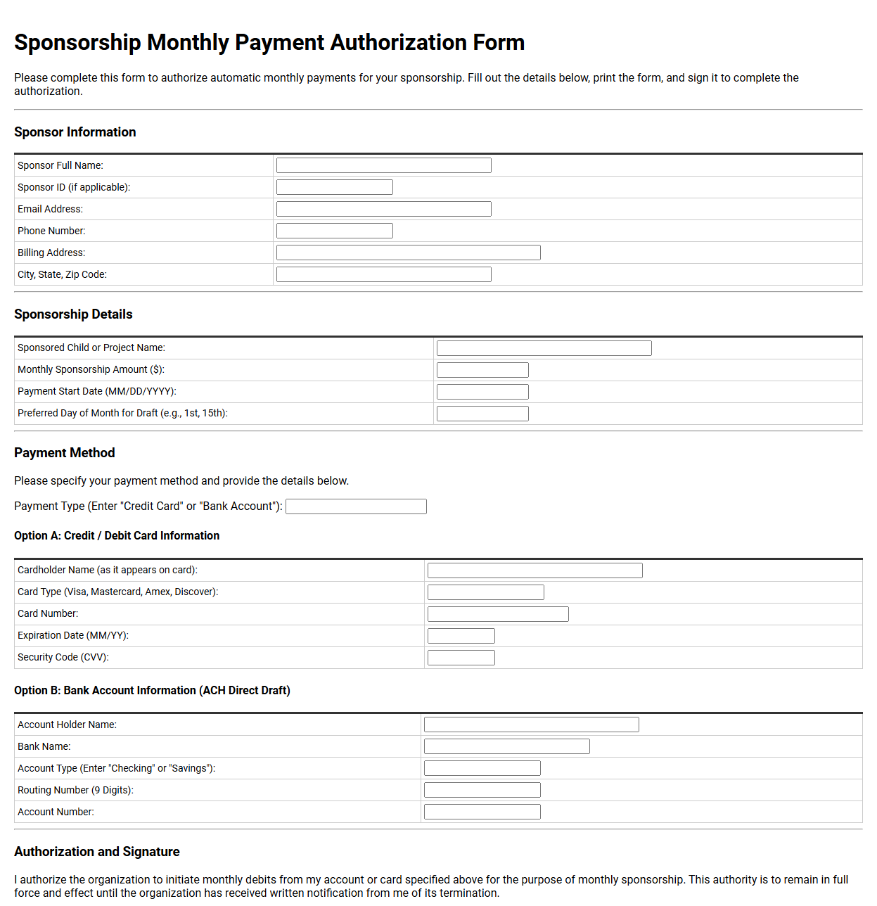 Sponsorship Monthly Payment Authorization Form
