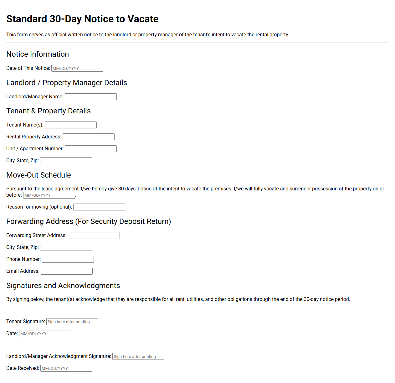 Standard 30 Day Notice to Vacate Form
