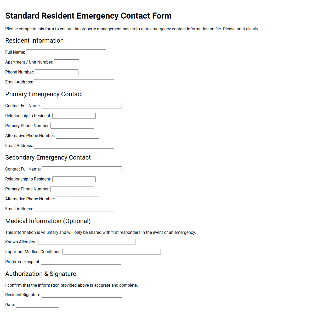Standard Resident Emergency Contact Form Template