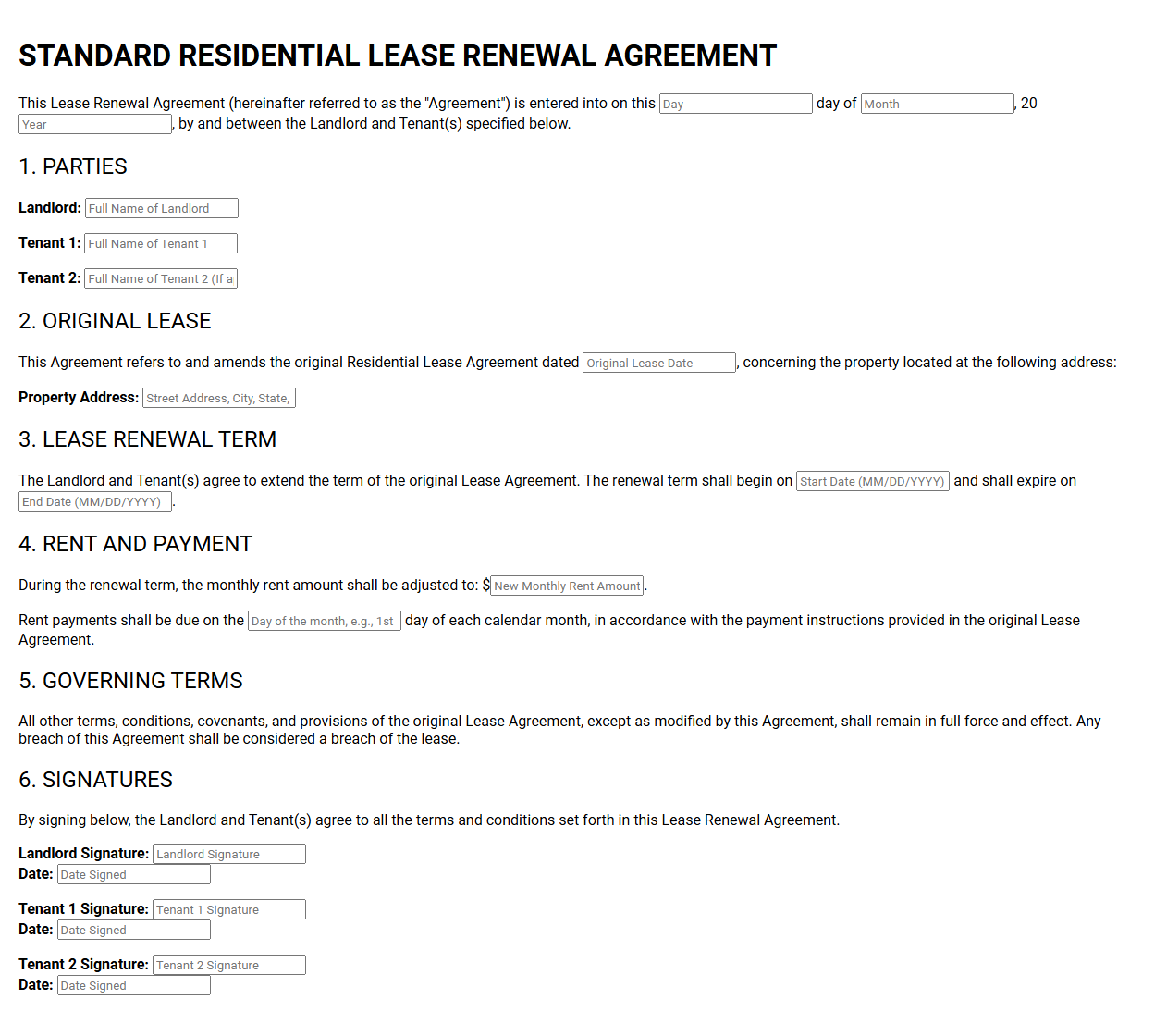Standard Residential Lease Renewal Agreement Form