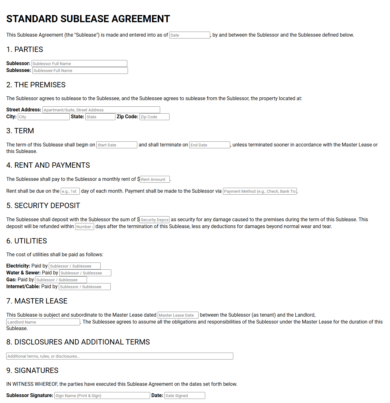 Standard Sublease Agreement Template