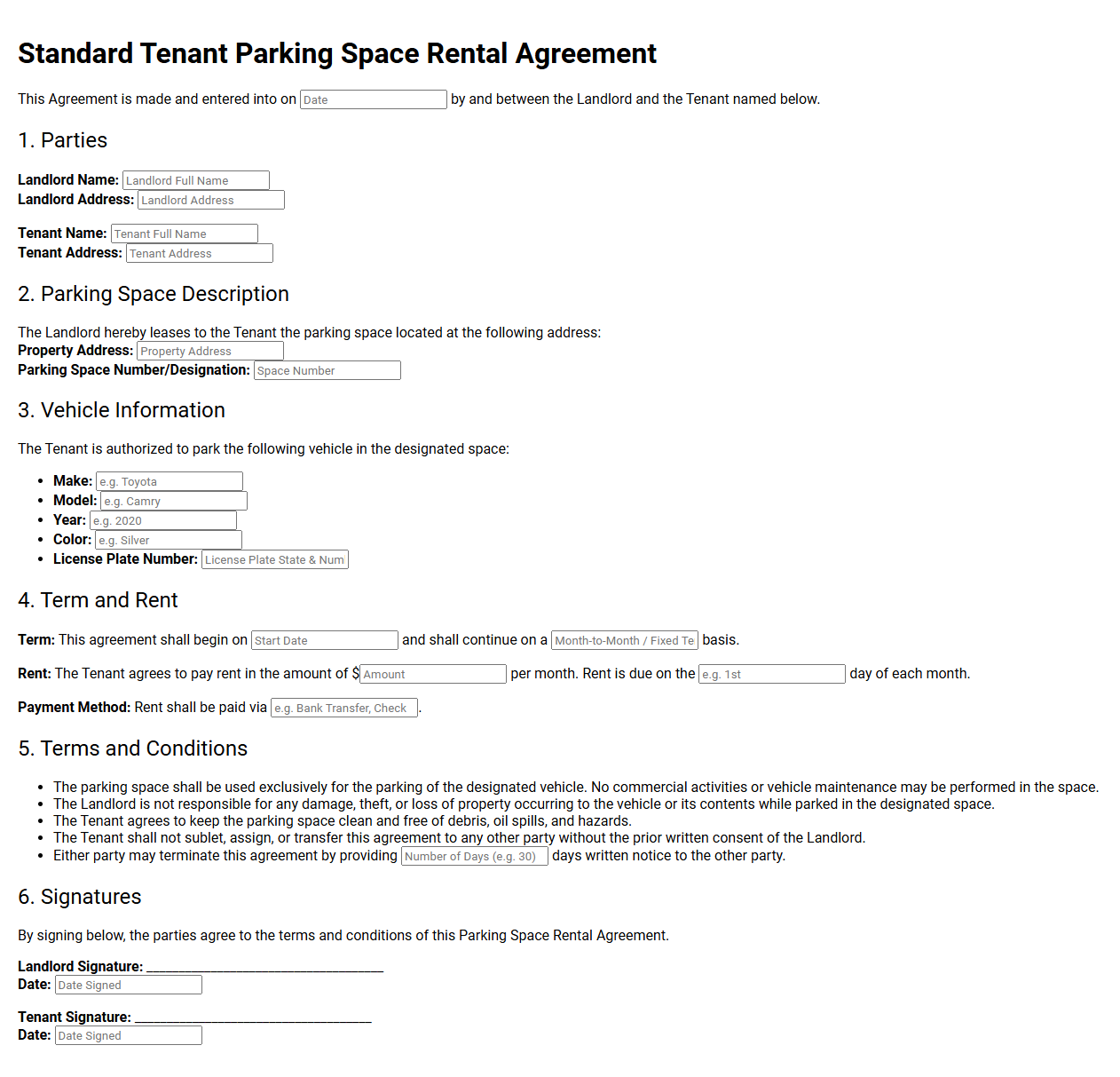 Standard Tenant Parking Space Rental Agreement