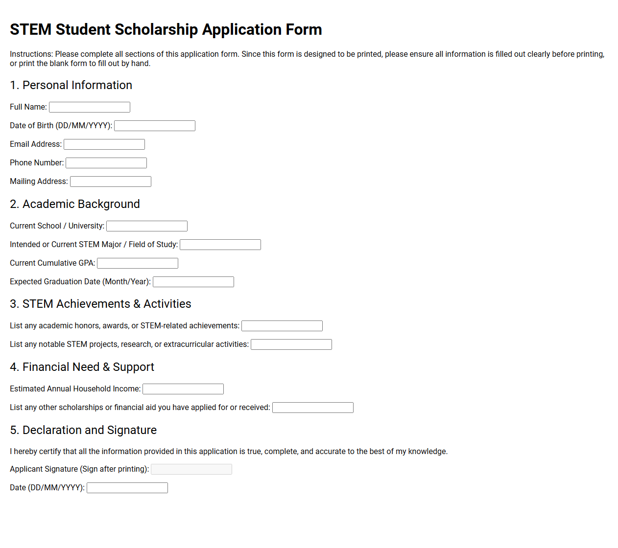 STEM Student Scholarship Application Form