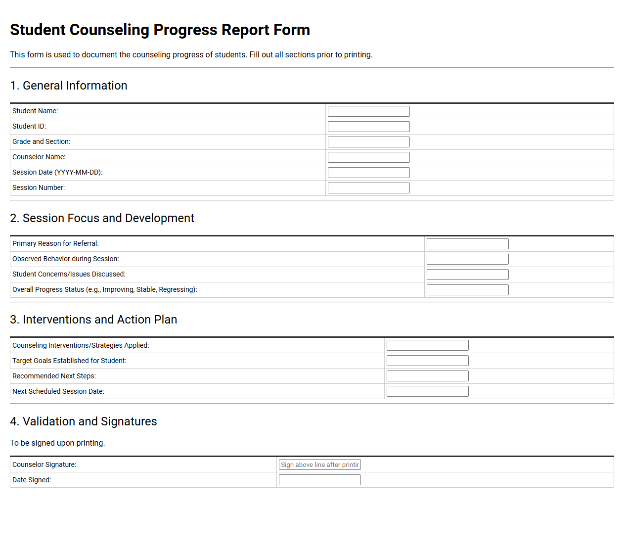 Student Counseling Progress Report Form