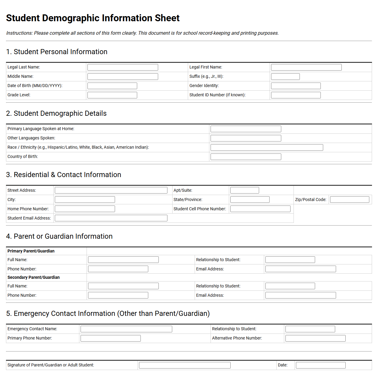 Student Demographic Information Sheet