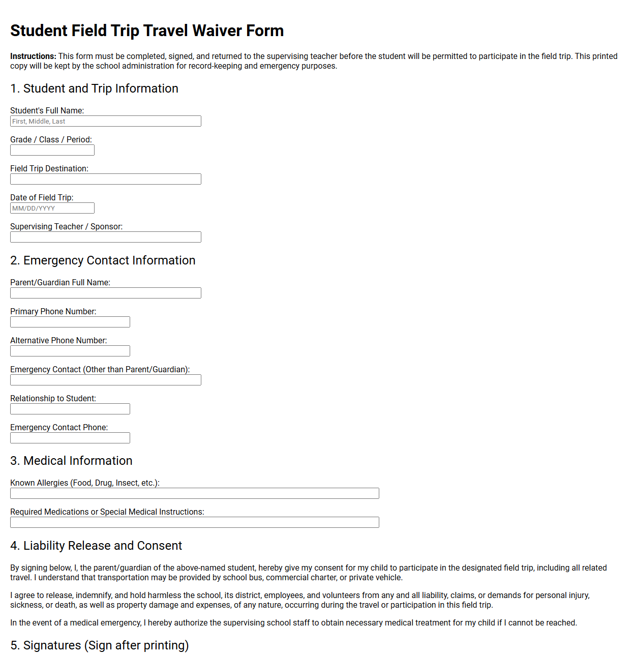 Student Field Trip Travel Waiver Form