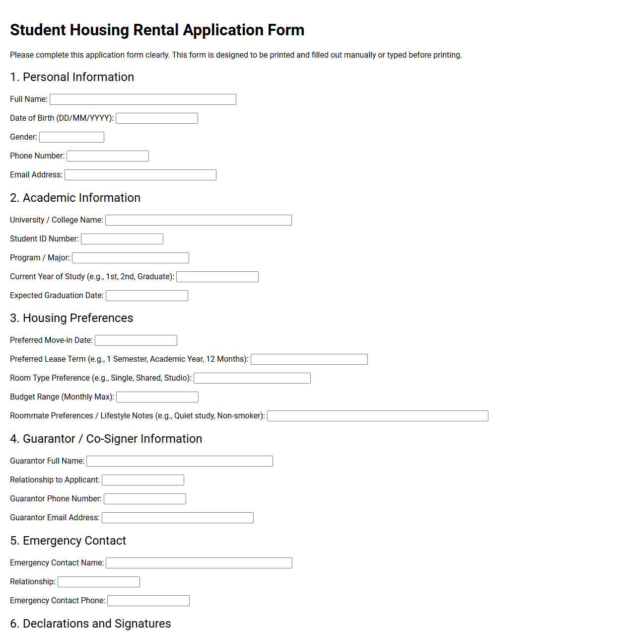 Student Housing Rental Application Form