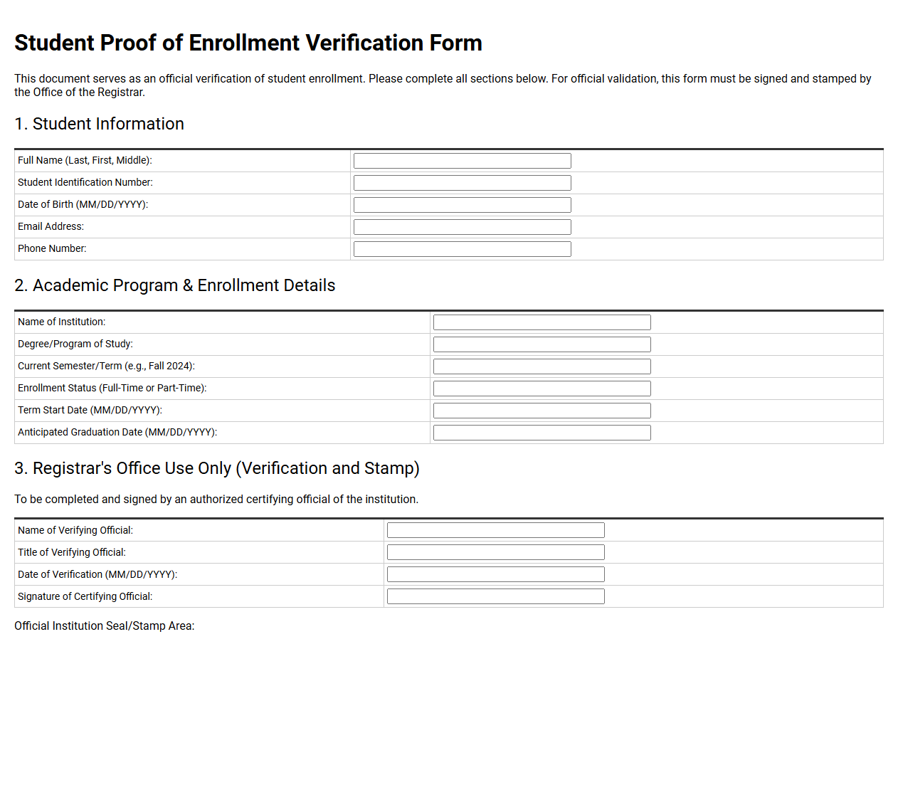 Student Proof of Enrollment Verification Form