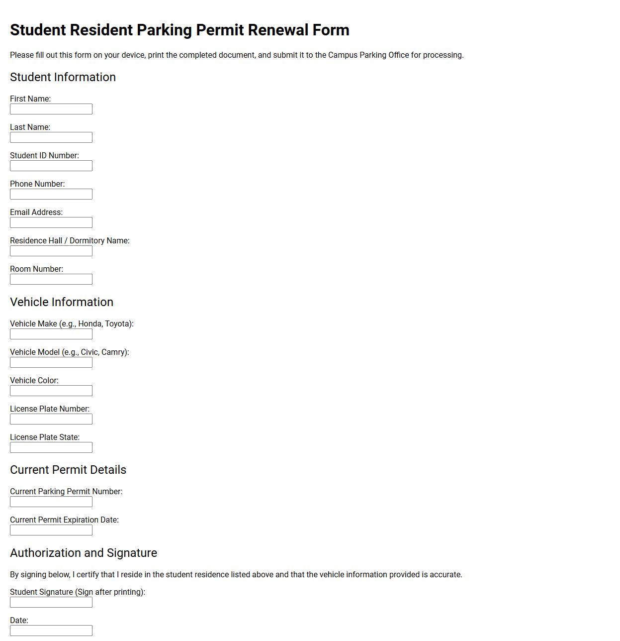 Student Resident Parking Permit Renewal Form