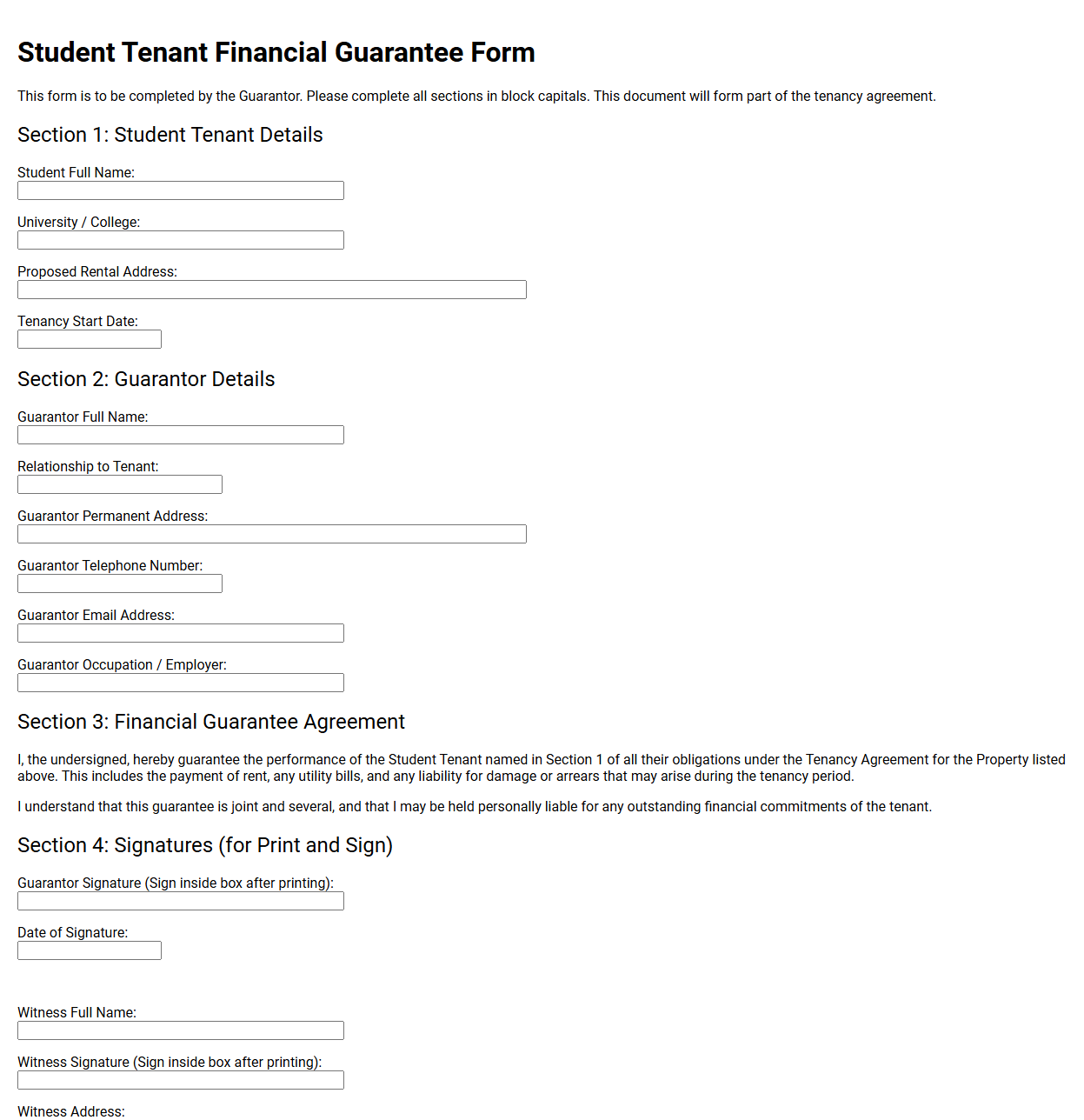 Student Tenant Financial Guarantee Form