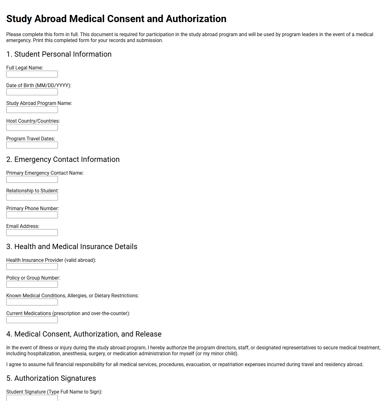 Study Abroad Medical Consent and Authorization