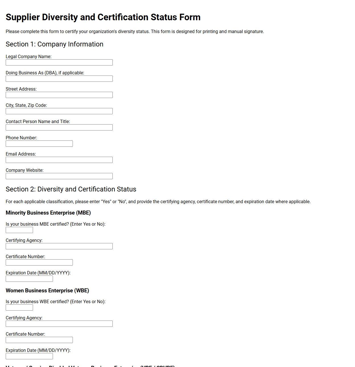 Supplier Diversity and Certification Status Form