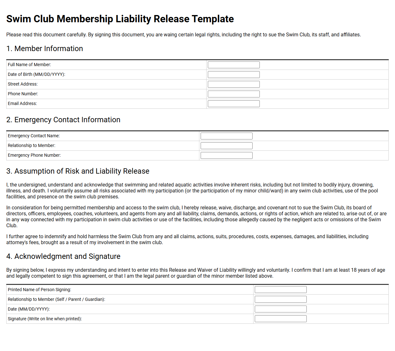 Swim Club Membership Liability Release Template