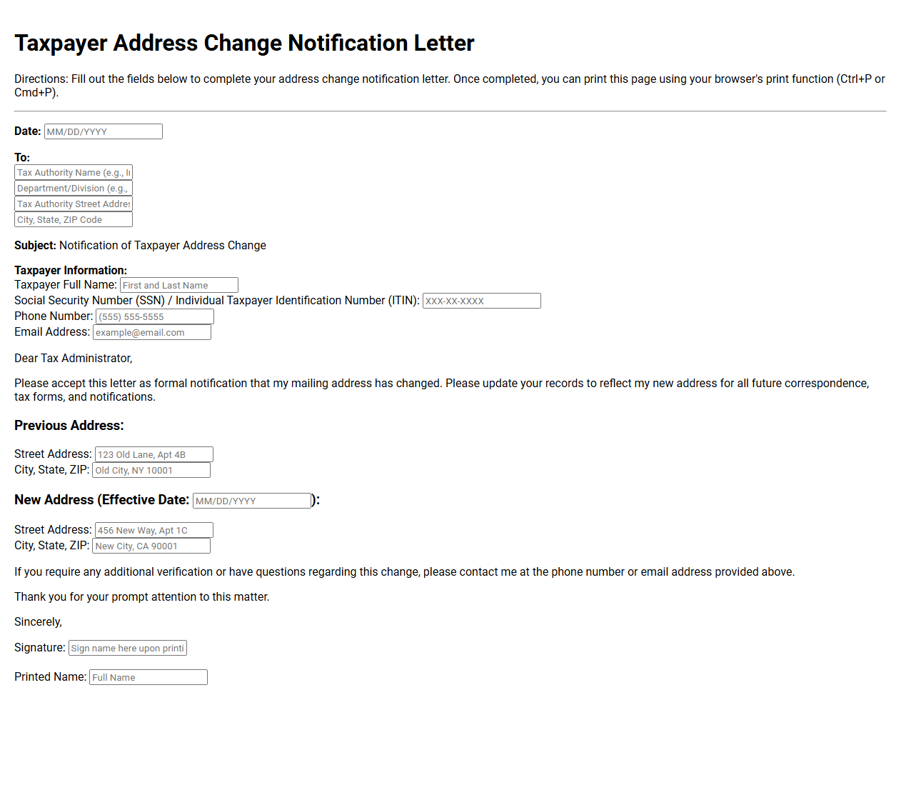Taxpayer Address Change Notification Letter Template