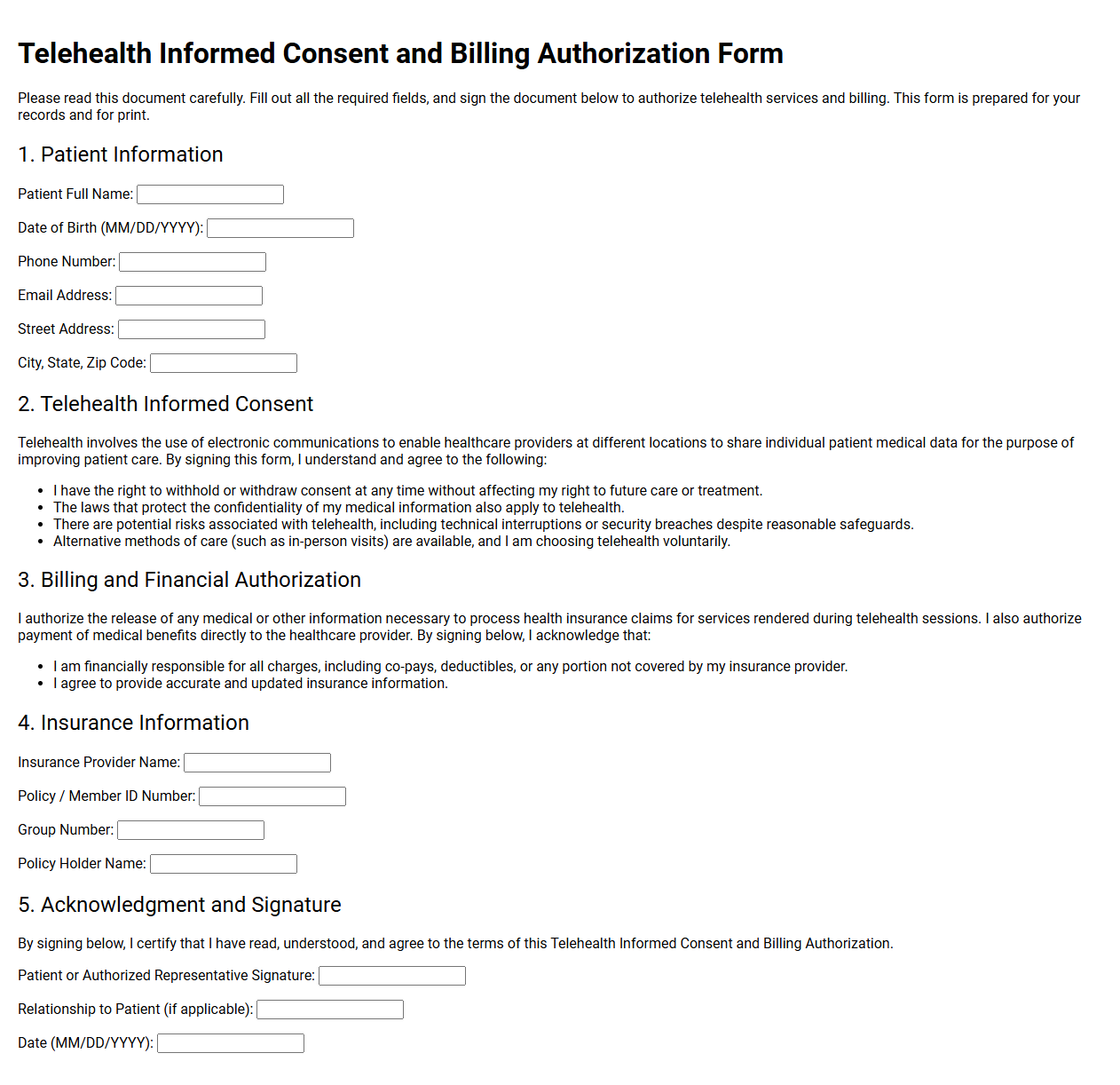 Telehealth Informed Consent and Billing Authorization Form