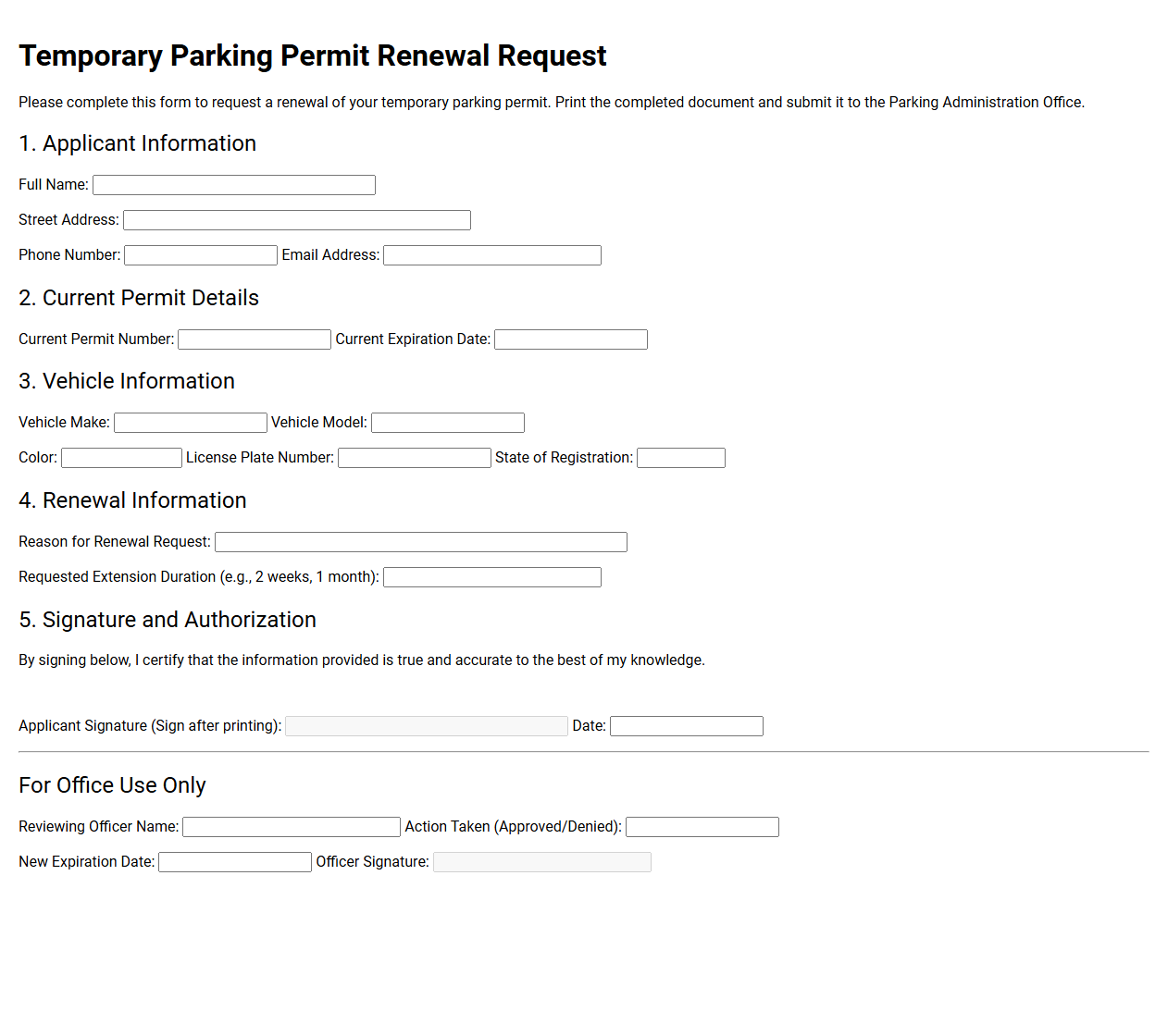 Temporary Parking Permit Renewal Request Document