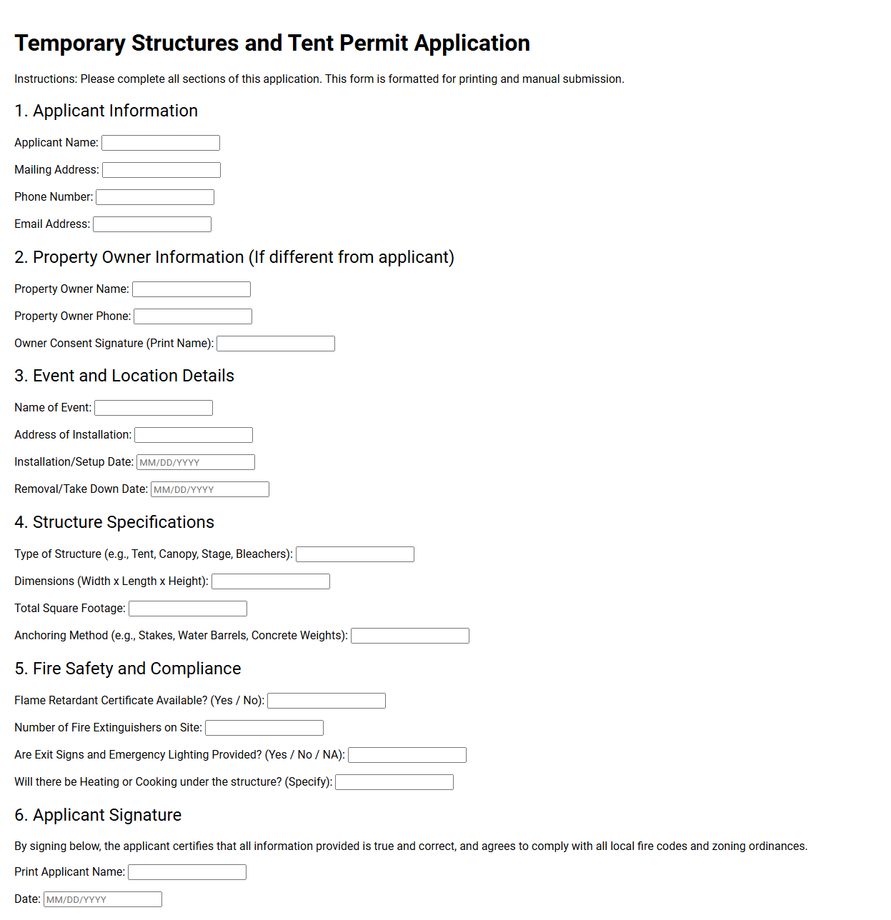 Temporary Structures and Tent Permit Application
