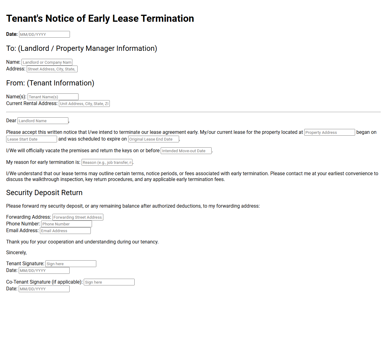 Tenant Early Lease Termination Notice Template