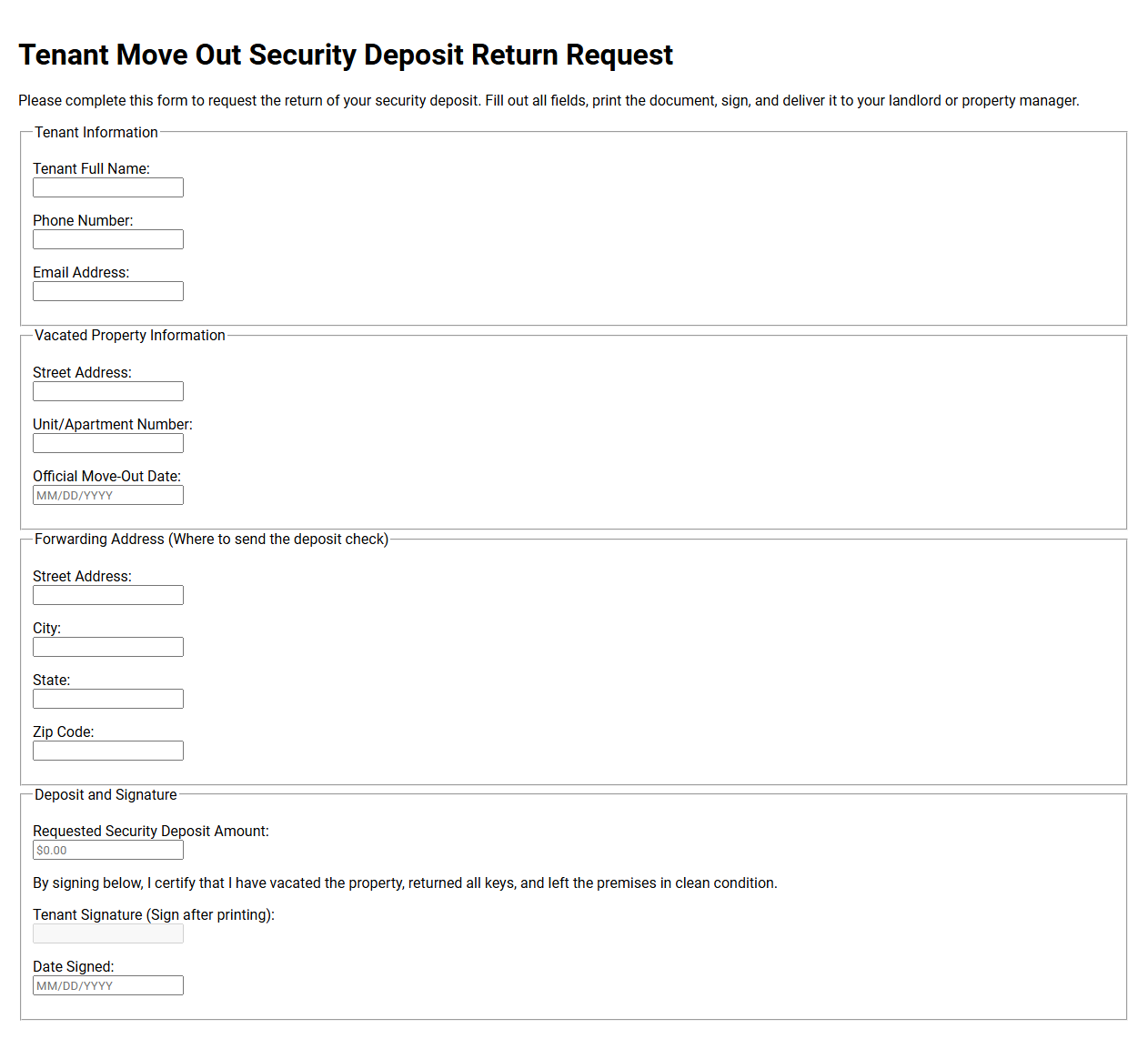Tenant Move Out Security Deposit Return Request