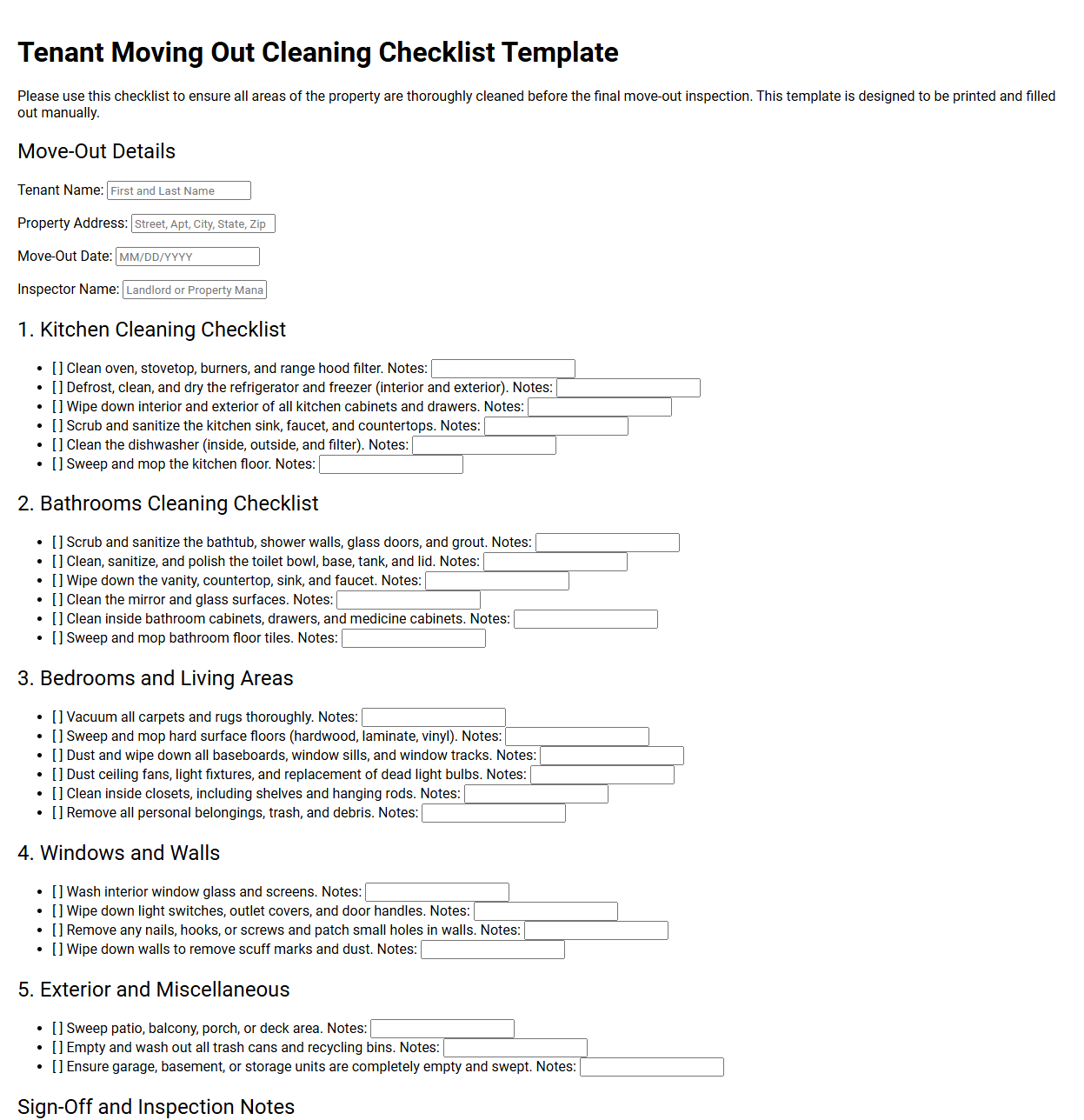 Tenant Moving Out Cleaning Checklist Template