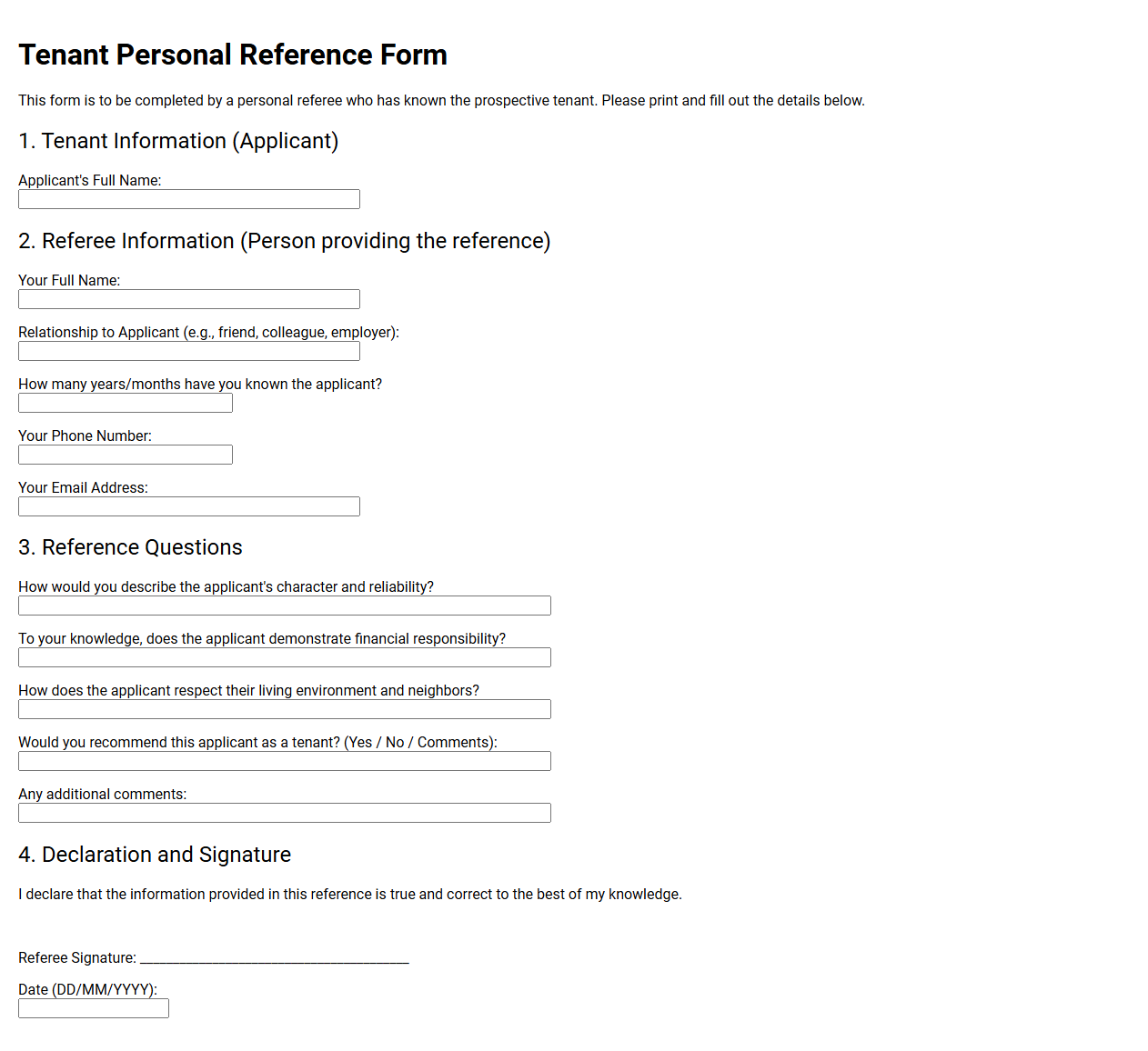 Tenant Personal Reference Form