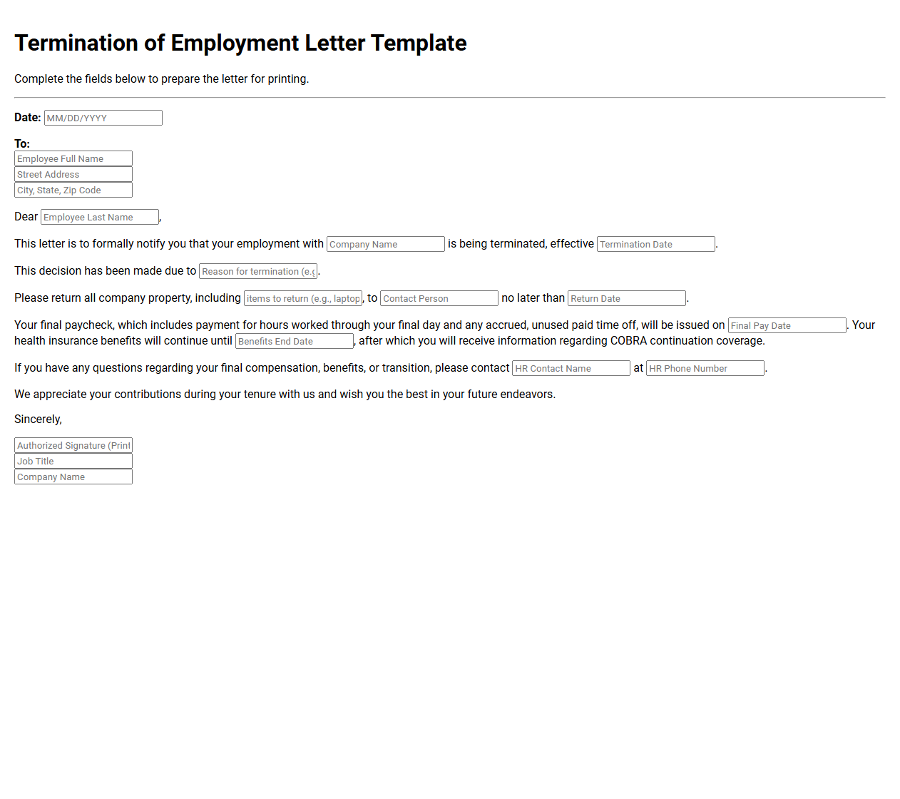 Termination of Employment Letter Template